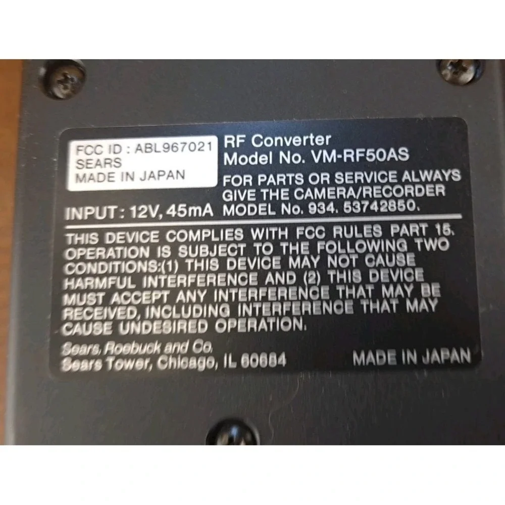 Sears VM-RF50AS RF CONVERTER A/V Cable Model‎ #934 534742850 FCC ID ABL967021